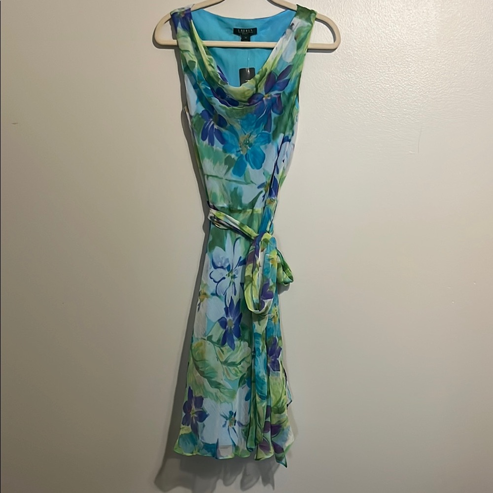 Floral Sleeveless Dress in Blue and Green